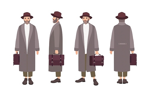 Bearded man wearing elegant coat, hat and holding briefcase. Funny male cartoon character isolated on white . Front, side and back views. Colorful vector illustration in flat style