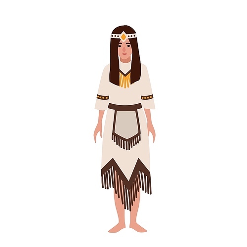 American Indian woman in national ethnic clothes or traditional tribal costume decorated by fringe. Aborigines or indigenous peoples of America. Female cartoon character. Flat vector illustration
