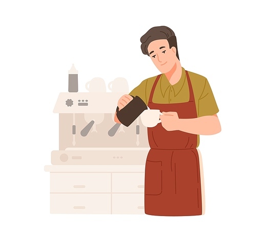 Cute barista making cappuccino at cafe or coffeeshop. Smiling young man in apron adds cream or milk in coffee. Male cartoon character preparing drink. Colorful vector illustration in flat style