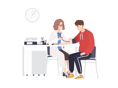 Female doctor or medical adviser sits at desk and measures blood pressure of male patient. Man at physician s office, cardiology clinic or hospital. Colorful cartoon vector illustration in flat style