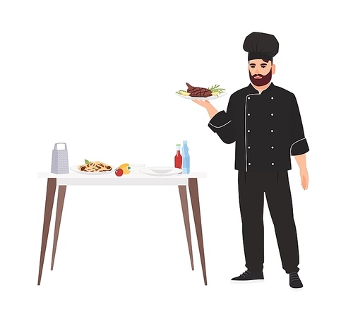 Cook dressed in uniform holding plate with delicious gourmet meal isolated on white . Chef cooking and serving tasty food at restaurant. Colorful vector illustration in flat cartoon style