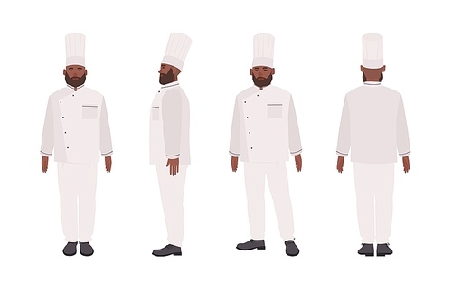 African American chef, qualified cook, restaurant or culinary worker wearing uniform. Male cartoon character isolated on white . Front, side, back views. Vector illustration in flat style