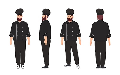 Chef, qualified cook, professional restaurant or kitchen worker wearing black uniform and toque. Male cartoon character isolated on white . Front, side, back views. Flat vector illustration