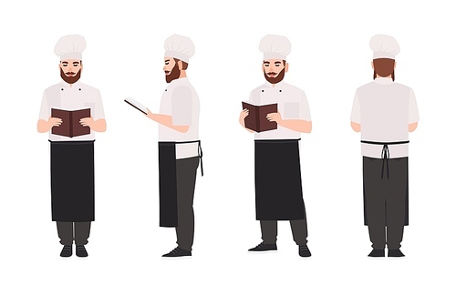 Chef, cook or restaurant worker wearing uniform and toque reading recipe or culinary book. Male cartoon character isolated on white . Front, side, back views. Flat vector illustration