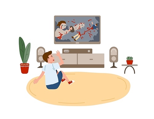 Kid boy sitting on round carpet and watching horror movie or film demonstrating violent behavior on TV set at home. Children and violence on television. Vector illustration in flat cartoon style.
