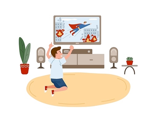Little boy sitting on floor and watching superhero movie, action film or television channel for children on TV set. Home entertainment for kids. Colorful vector illustration in flat cartoon style