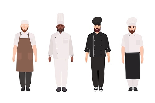 Bundle of chefs, cooks, professional restaurant staff, kitchen workers wearing uniform, apron and toque. Set of male cartoon characters isolated on white . Flat cartoon vector illustration