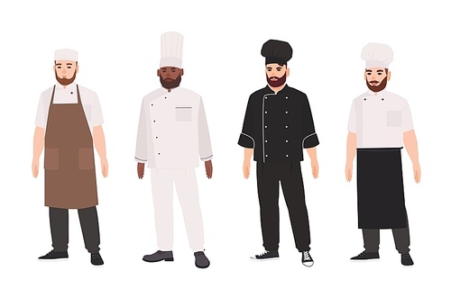 Collection of chefs, qualified cooks, professional restaurant staff or kitchen workers wearing uniform and toque. Set of male cartoon characters isolated on white . Flat vector illustration