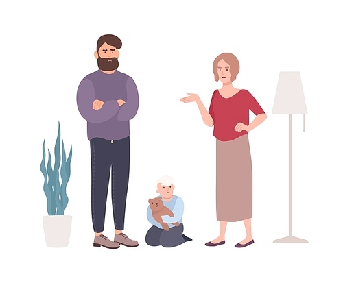 Parents quarreling or fighting in presence of little son. Married couple shouting at each other. Problem or conflict in family. Unhappy marriage and divorce. Flat cartoon vector illustration