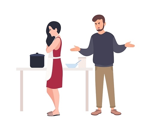 Husband shouting at wife while she is cooking in kitchen. Relationship problem between spouses, romantic partners. Domestic abuse, unhappy marriage, family conflict. Flat cartoon vector illustration