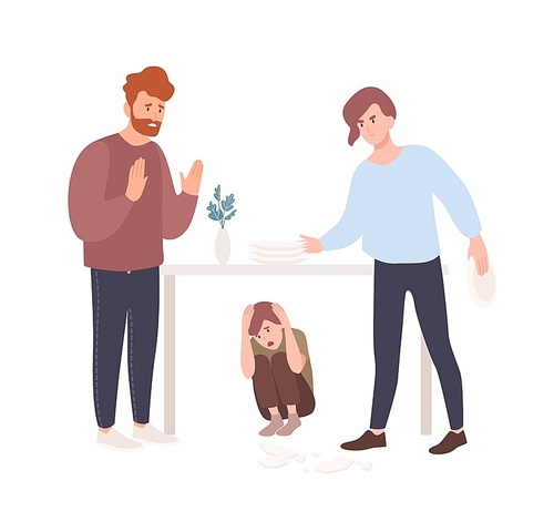 Mother and father brawling or quarreling in presence of child hiding under table. Parents shouting at each other. Conflict between mom and dad. Unhappy family. Flat cartoon vector illustration