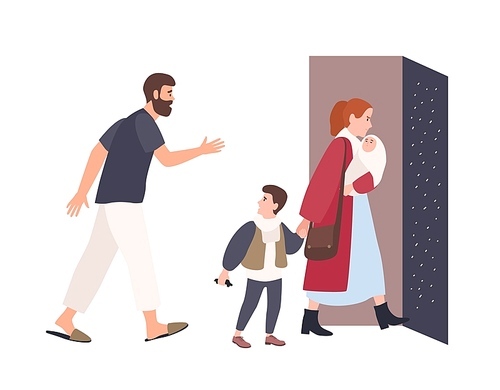 Mother leaves home with children, father stays alone. Conflict between parents. Spouses breaking up. Unhappy marriage, relationship problem in family, divorce. Flat cartoon vector illustration