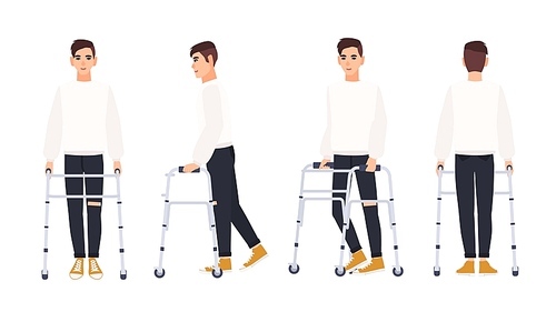 Smiling young man with walking frame or walker isolated on white . Male character with physical disability or impairment. Front, side, back views. Vector illustration in flat cartoon style