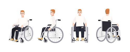 cute happy young man in . isolated on white . smiling male character with physical disability or impairment. front, side, back views. vector illustration in flat cartoon style