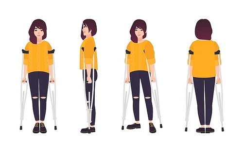 Smiling young woman standing or walking with crutches. Cute girl with limited mobility. Happy female cartoon character with physical disability or impairment. Vector illustration in flat style