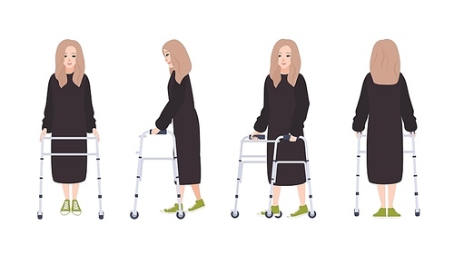 Happy young woman with walking frame or walker isolated on white . Female character with physical disability or trauma. Front, side, back views. Flat cartoon colorful vector illustration