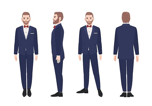 Attractive bearded man dressed in elegant suit or tuxedo. Happy male cartoon character wearing formal evening clothing and bowtie. Front, side and back views. Vector illustration in flat style