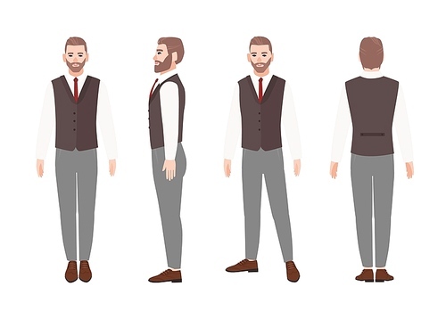 Bearded man or office worker in elegant business outfit with waistcoat. Friendly male cartoon character isolated on white . Front, side and back views. Flat colorful vector illustration