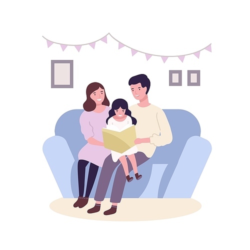 Happy happy family sitting on sofa and reading book or fairytale. Smiling mother, father and daughter spending time together. Parents and child at home. Flat cartoon colorful vector illustration