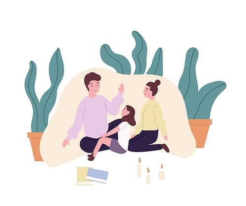 Loving family. Smiling mother, father and daughter sitting in blanket fort and telling stories or fairy tales. Cute parents and child spending time together at home. Flat cartoon vector illustration