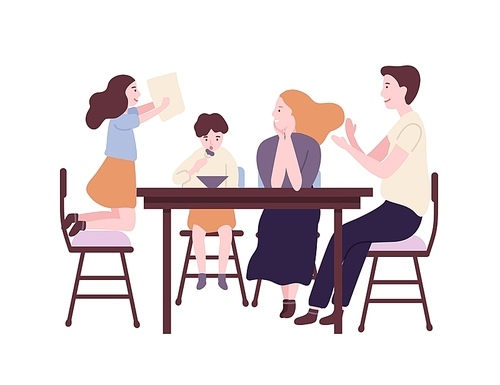 Happy family sitting at dining table and having breakfast, lunch or dinner. Smiling mother, father, son and daughter eating together. Parents and child at home. Flat cartoon vector illustration