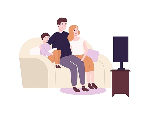 Cute funny family sitting on couch or sofa and watching TV, movie or film. Adorable joyful mother, father and son spending time together. Parents and child at home. Flat cartoon vector illustration