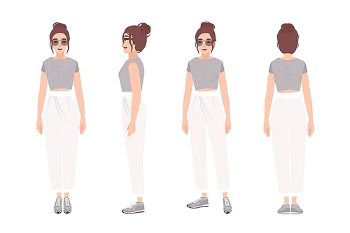 Cheerful woman dressed in stylish sportswear. Pretty girl in trendy clothes and sneakers. Female cartoon character isolated on white . Front, side and back views. Flat vector illustration