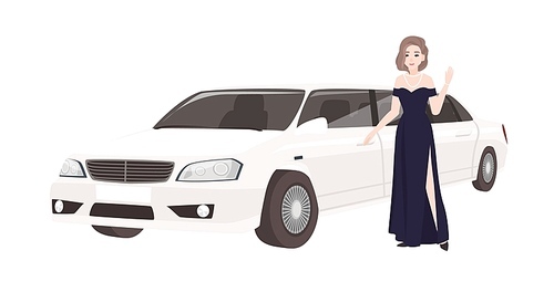 Woman in elegant evening dress standing beside luxury limousine. Female celebrity and her luxurious car or automobile isolated on white . Colorful vector illustration in flat cartoon style