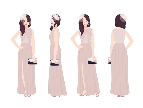 Beautiful young woman in elegant evening dress. Fashionable formal outfit. Gorgeous female cartoon character isolated on white . Front, side, back views. Flat colored vector illustration