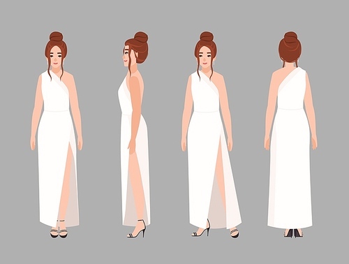 Fashionable woman in stylish evening maxi dress with elegant hairstyle. Charming female cartoon character isolated on white . Front, side, back views. Flat colorful vector illustration
