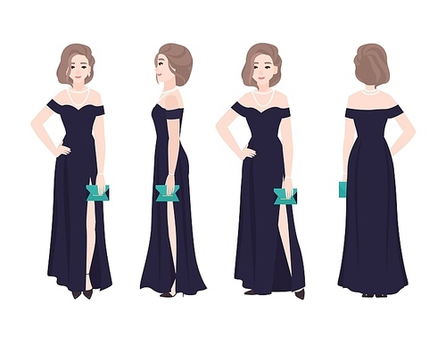Beautiful woman with elegant hairstyle wearing long off-shoulder evening dress for red carpet ceremony. Female character isolated on white . Front, side, back views. Vector illustration