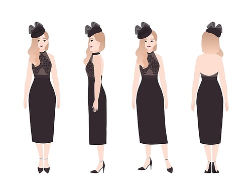 Smiling pretty woman wearing elegant luxury black evening dress for formal occasion. Stylish female character isolated on white . Front, side, back views. Flat cartoon vector illustration