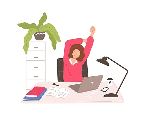 Smiling woman sitting at desk with laptop taking rest and stretching herself. Female office worker or clerk having short break during work at computer. Vector illustration in flat cartoon style.