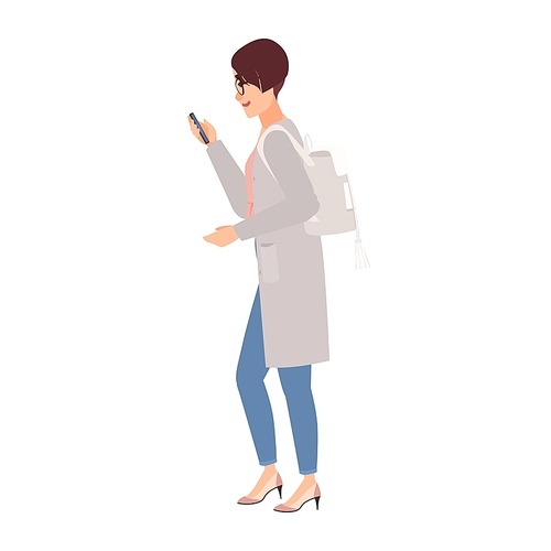 Cute young woman wearing casual clothing, backpack and glasses holding smartphone and texting while walking. Pretty girl on street. Side view. Colorful vector illustration in flat cartoon style