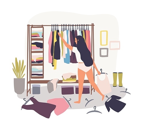 Young long-haired girl standing in front of hanger rack with clothes scattered around and trying to choose outfit. Nothing to wear concept. Cartoon colorful vector illustration in flat style