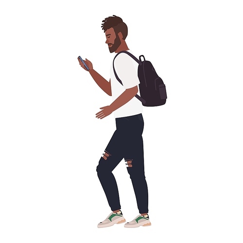 Bearded African American man wearing casual clothing and backpack using smartphone while walking. Young guy isolated on white . Side view. Colored vector illustration in flat cartoon style