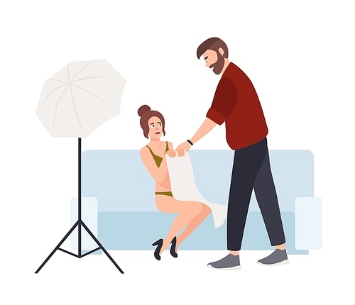 Film director harassing actress. Coercion at work, abusive behavior, sexual harassment, abuse or assault at workplace. Abuser and victim, boss and subordinate. Flat cartoon vector illustration
