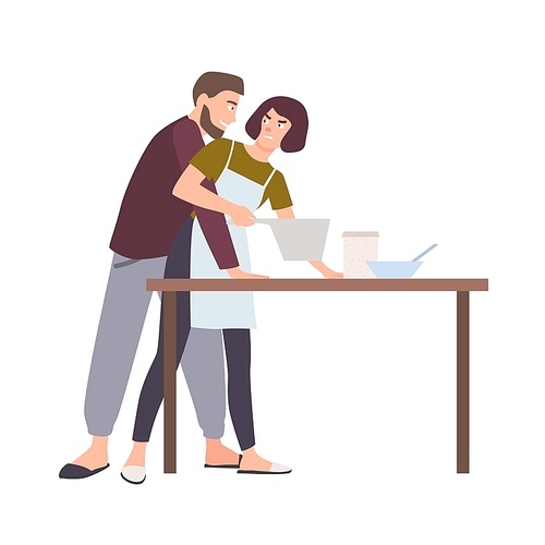 Husband groping wife while she is cooking. Abusive behavior of spouse or partner, domestic violence, sexual abuse or assault at home. Family problem. Vector illustration in flat cartoon style