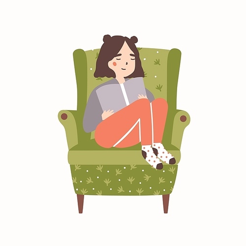 Adorable girl sitting in comfy armchair and reading book isolated on light background. Portrait of cute young woman spending time at home and relaxing in cozy chair. Flat cartoon vector illustration