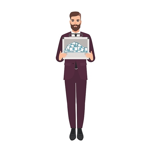 Bearded man dressed in elegant business suit holding briefcase full of money. Rich businessman, millionaire. Male cartoon character isolated on white . Vector illustration in flat style.