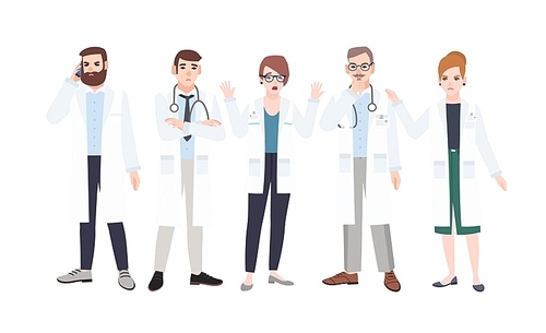 Panel of doctors or council of physicians discussing healthcare issues. Meeting of medicine workers. Group of angry and scared male and female cartoon characters. Colorful flat vector illustration