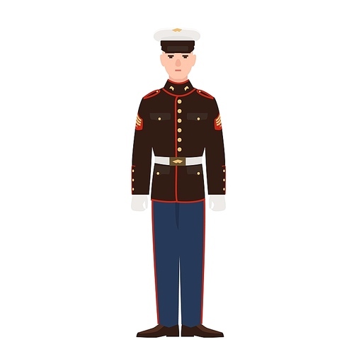 Soldier of USA armed force wearing parade uniform and cap. American military man, sergeant or infantryman isolated on white . Male cartoon character. Flat colorful vector illustration