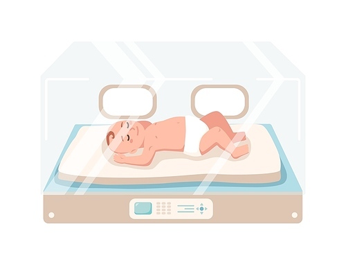 Newborn infant lies inside neonatal intensive care unit isolated on white . Premature child sleeping in glass incubator box. Baby nursery. Colorful vector illustration in flat cartoon style
