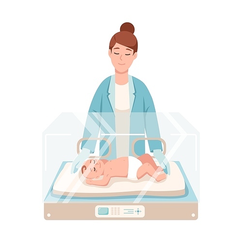 Premature newborn infant lies inside neonatal intensive care unit, female doctor or pediatric nurse stands beside it and checks. Baby nursery. Colorful vector illustration in flat cartoon style