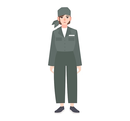 Young woman dressed in prison uniform isolated on white . Female prisoner, convicted criminal, arrested or punished person, convict, felon. Flat cartoon character. Vector illustration