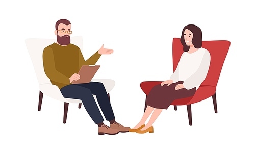 Female patient in armchair and male psychologist, psychoanalyst or psychotherapist sitting in front of her and talking. Psychology, psychotherapy, psychological aid. Flat cartoon vector illustration