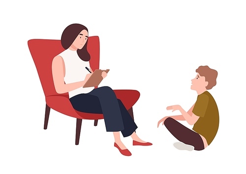 Dialog between female psychologist, psychoanalyst or psychotherapist and kid patient sitting in front of her. Child psychotherapy, psychotherapeutic aid for teens. Flat cartoon vector illustration