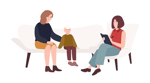 Conversation between mother, child and female psychologist or psychotherapist. Family psychotherapy, psychotherapeutic aid for children with mental problems. Flat cartoon vector illustration