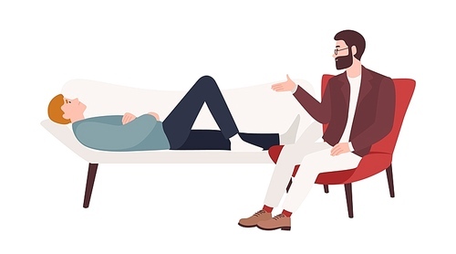 Man lying on coach and male psychologist, psychoanalyst or psychotherapist sitting beside and providing psychological aid. Professional psychotherapeutic session. Flat cartoon vector illustration