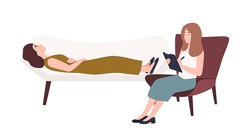 Woman lying on sofa and female psychologist, psychoanalyst or psychotherapist sitting in chair with notebook in hand and talking. Mental problems and psychotherapy. Flat cartoon vector illustration